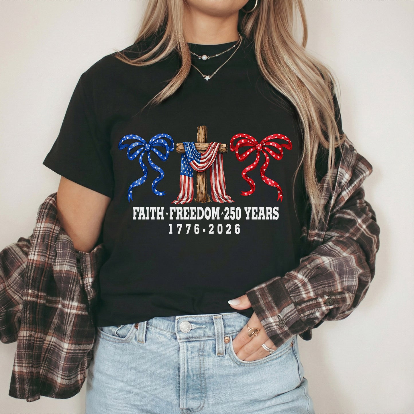 America 250 Faith & Freedom Cross Graphic – Faith & Freedom – Unisex Tshirt Gildan / Tshirt Comfort / V-neck/ Hoodie / Sweatshirt