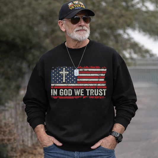 In God We Trust Cross American Flag – Faith & Freedom – Unisex Tshirt Gildan / Tshirt Comfort / V-neck/ Hoodie / Sweatshirt