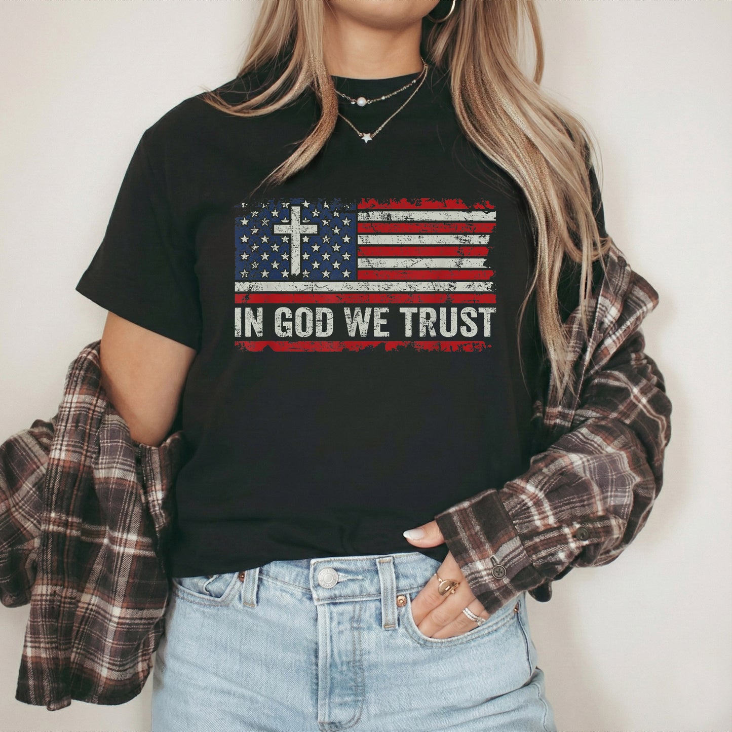 In God We Trust Cross American Flag – Faith & Freedom – Unisex Tshirt Gildan / Tshirt Comfort / V-neck/ Hoodie / Sweatshirt