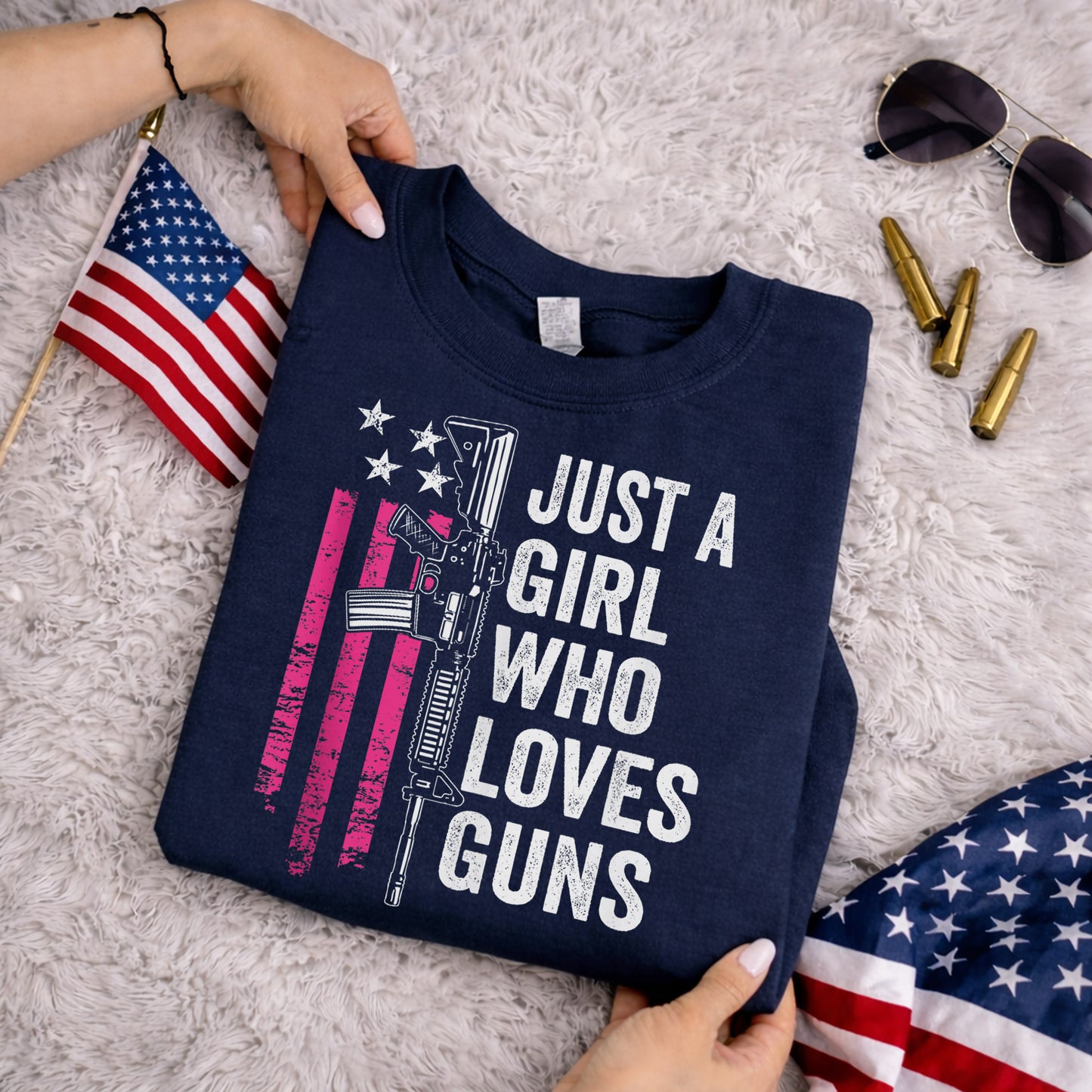 Just a Girl Who Loves Guns – USA Girls – Unisex Tshirt Gildan / Tshirt Comfort / V-neck/ Hoodie / Sweatshirt