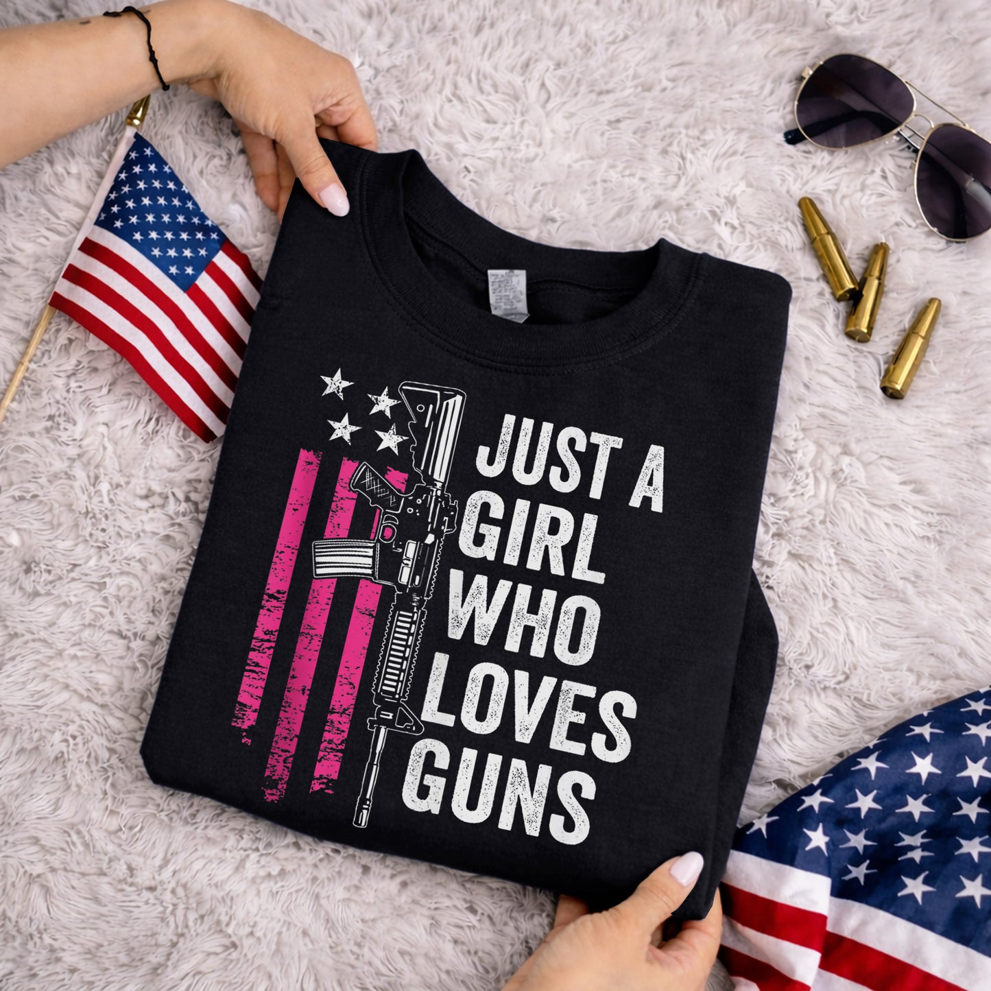 Just a Girl Who Loves Guns – USA Girls – Unisex Tshirt Gildan / Tshirt Comfort / V-neck/ Hoodie / Sweatshirt