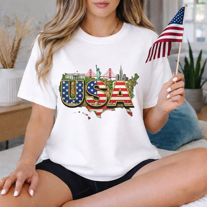 USA Landmarks Map Graphic – American 250th Anniversary – Unisex T-Shirt Gildan / Comfort Colors / V-Neck / Hoodie / Sweatshirt