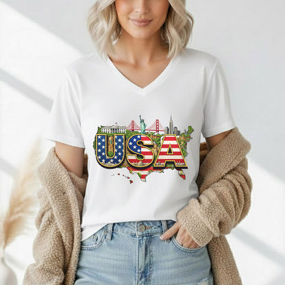 USA Landmarks Map Graphic – American 250th Anniversary – Unisex T-Shirt Gildan / Comfort Colors / V-Neck / Hoodie / Sweatshirt