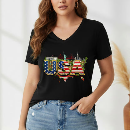 USA Landmarks Map Graphic – American 250th Anniversary – Unisex T-Shirt Gildan / Comfort Colors / V-Neck / Hoodie / Sweatshirt