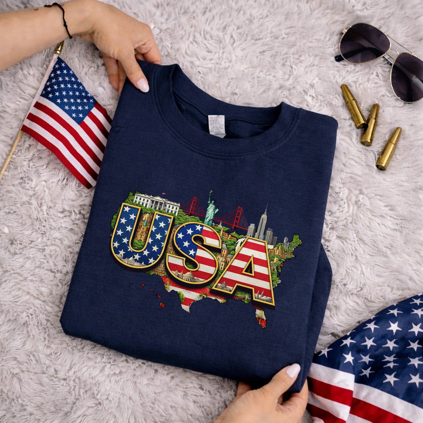 USA Landmarks Map Graphic – American 250th Anniversary – Unisex T-Shirt Gildan / Comfort Colors / V-Neck / Hoodie / Sweatshirt