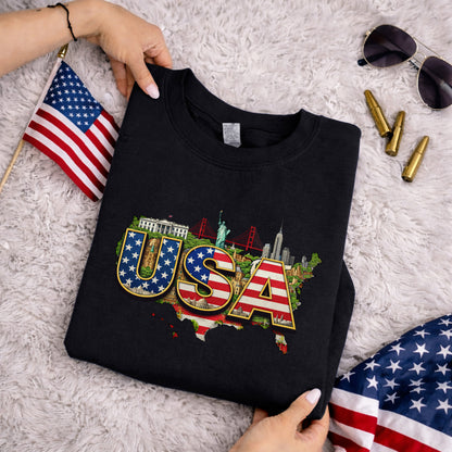 USA Landmarks Map Graphic – American 250th Anniversary – Unisex T-Shirt Gildan / Comfort Colors / V-Neck / Hoodie / Sweatshirt