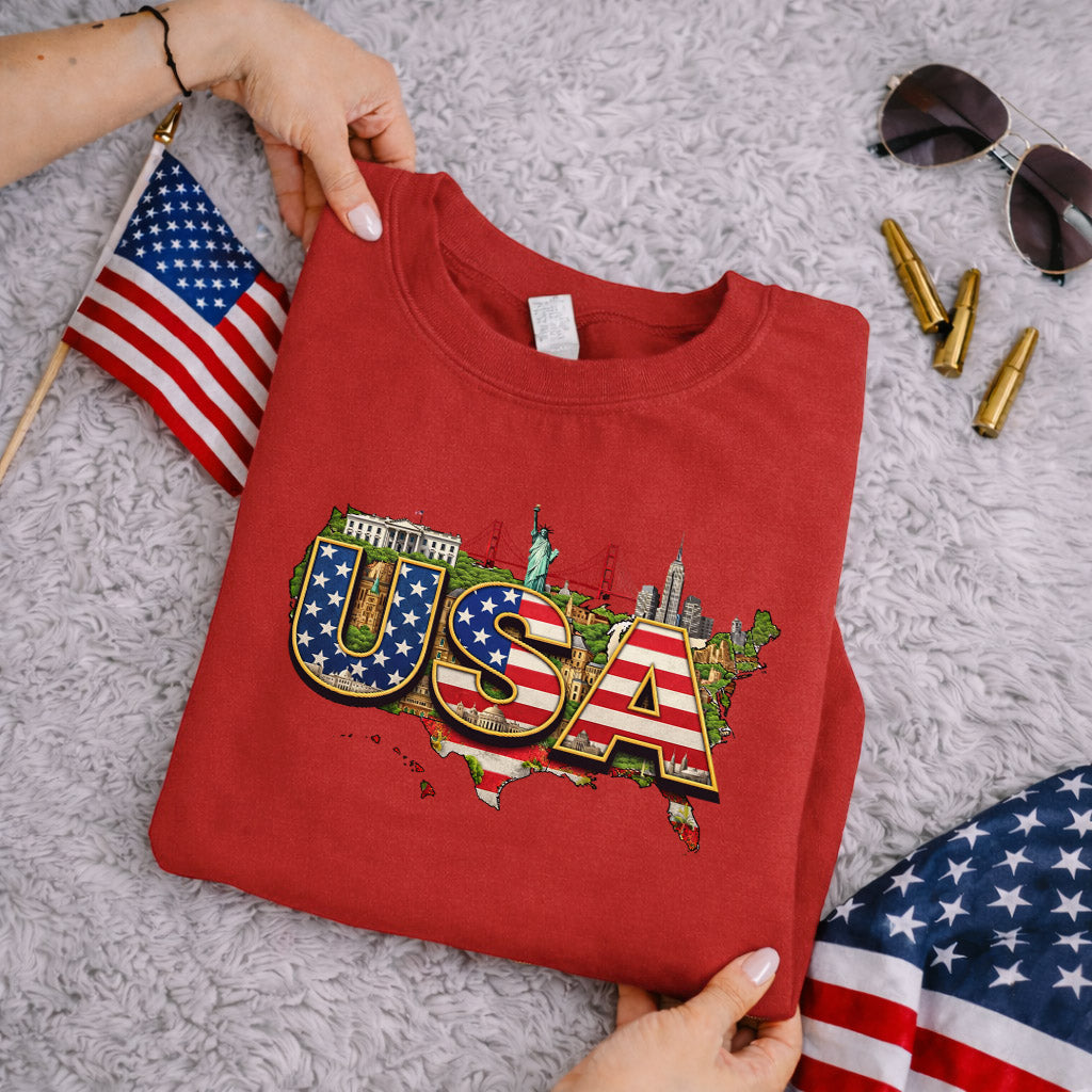 USA Landmarks Map Graphic – American 250th Anniversary – Unisex T-Shirt Gildan / Comfort Colors / V-Neck / Hoodie / Sweatshirt