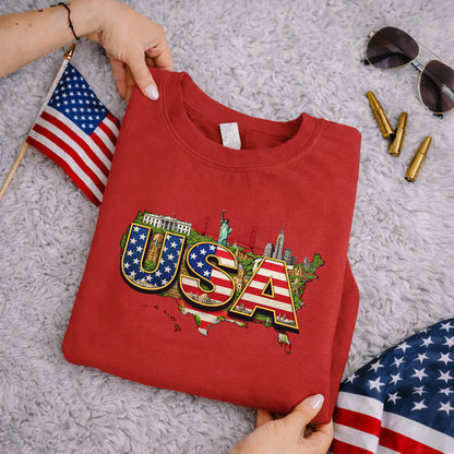 USA Landmarks Map Graphic – American 250th Anniversary – Unisex T-Shirt Gildan / Comfort Colors / V-Neck / Hoodie / Sweatshirt