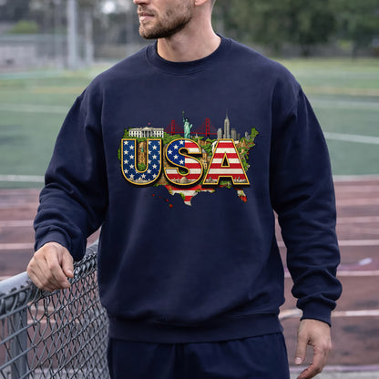 USA Landmarks Map Graphic – American 250th Anniversary – Unisex T-Shirt Gildan / Comfort Colors / V-Neck / Hoodie / Sweatshirt