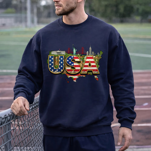 USA Landmarks Map Graphic – American 250th Anniversary – Unisex T-Shirt Gildan / Comfort Colors / V-Neck / Hoodie / Sweatshirt