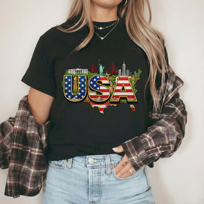 USA Landmarks Map Graphic – American 250th Anniversary – Unisex T-Shirt Gildan / Comfort Colors / V-Neck / Hoodie / Sweatshirt