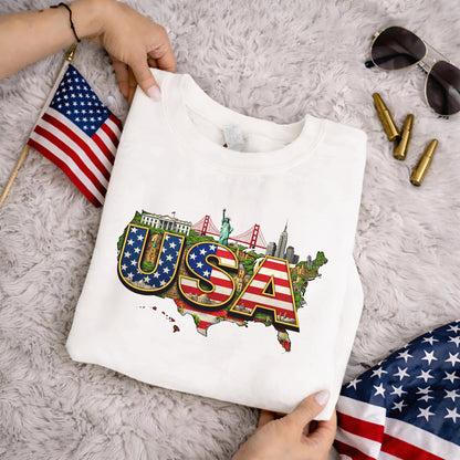 USA Landmarks Map Graphic – American 250th Anniversary – Unisex T-Shirt Gildan / Comfort Colors / V-Neck / Hoodie / Sweatshirt