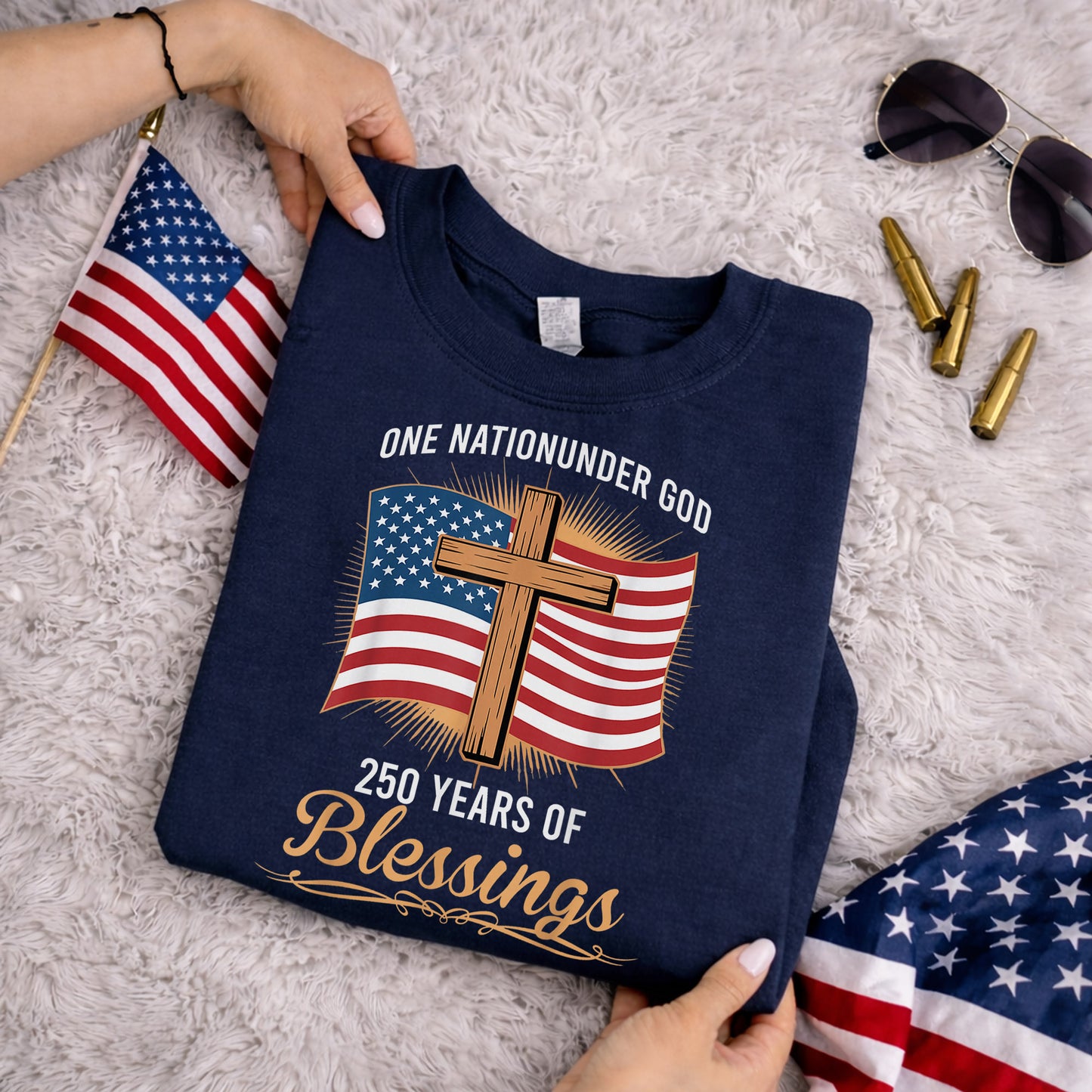 America 250 Blessings, Christian Flag Cross Design – Faith & Freedom – Unisex Tshirt Gildan / Tshirt Comfort / V-neck/ Hoodie / Sweatshirt