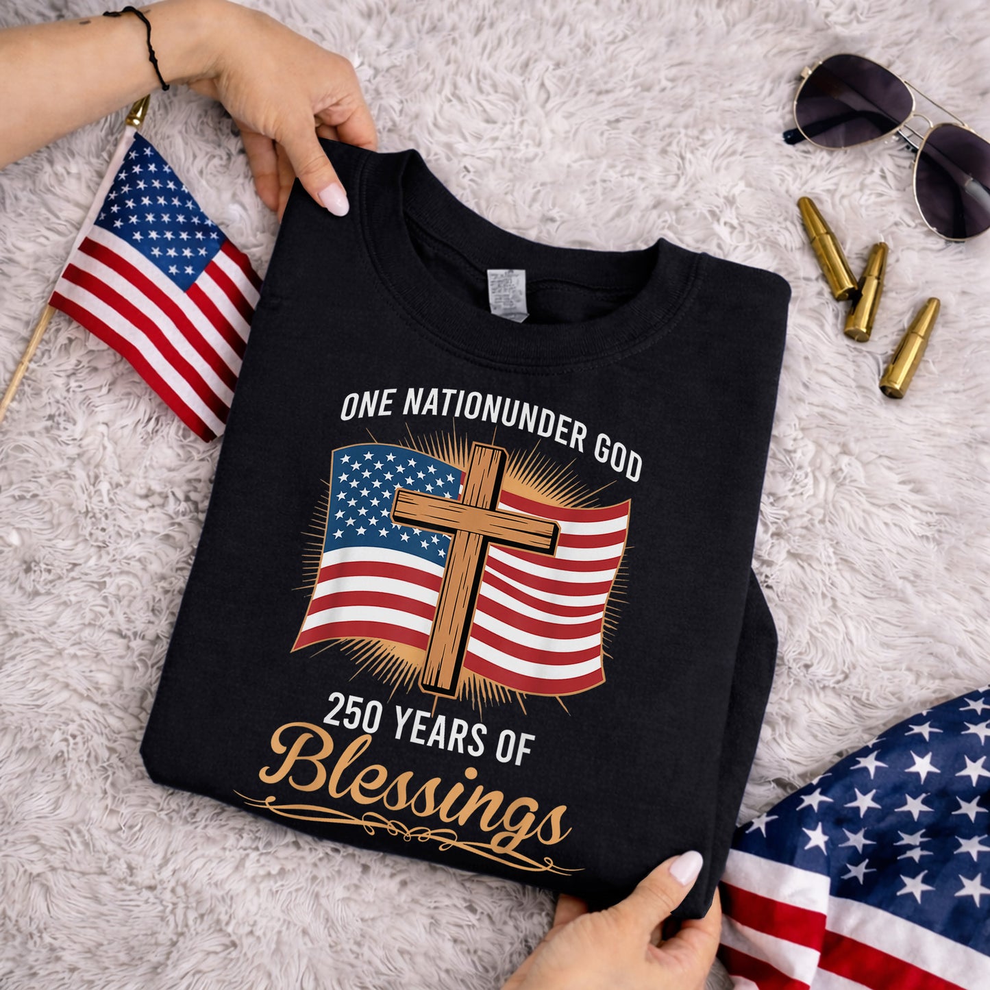 America 250 Blessings, Christian Flag Cross Design – Faith & Freedom – Unisex Tshirt Gildan / Tshirt Comfort / V-neck/ Hoodie / Sweatshirt