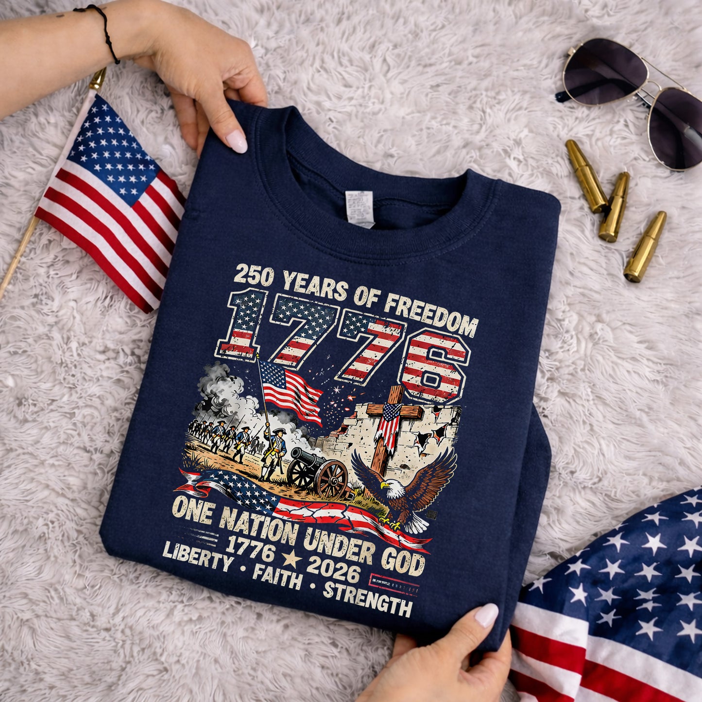 One Nation Under God 250th Anniversary History Graphic – Faith & Freedom – Unisex Tshirt Gildan / Tshirt Comfort / V-neck/ Hoodie / Sweatshirt