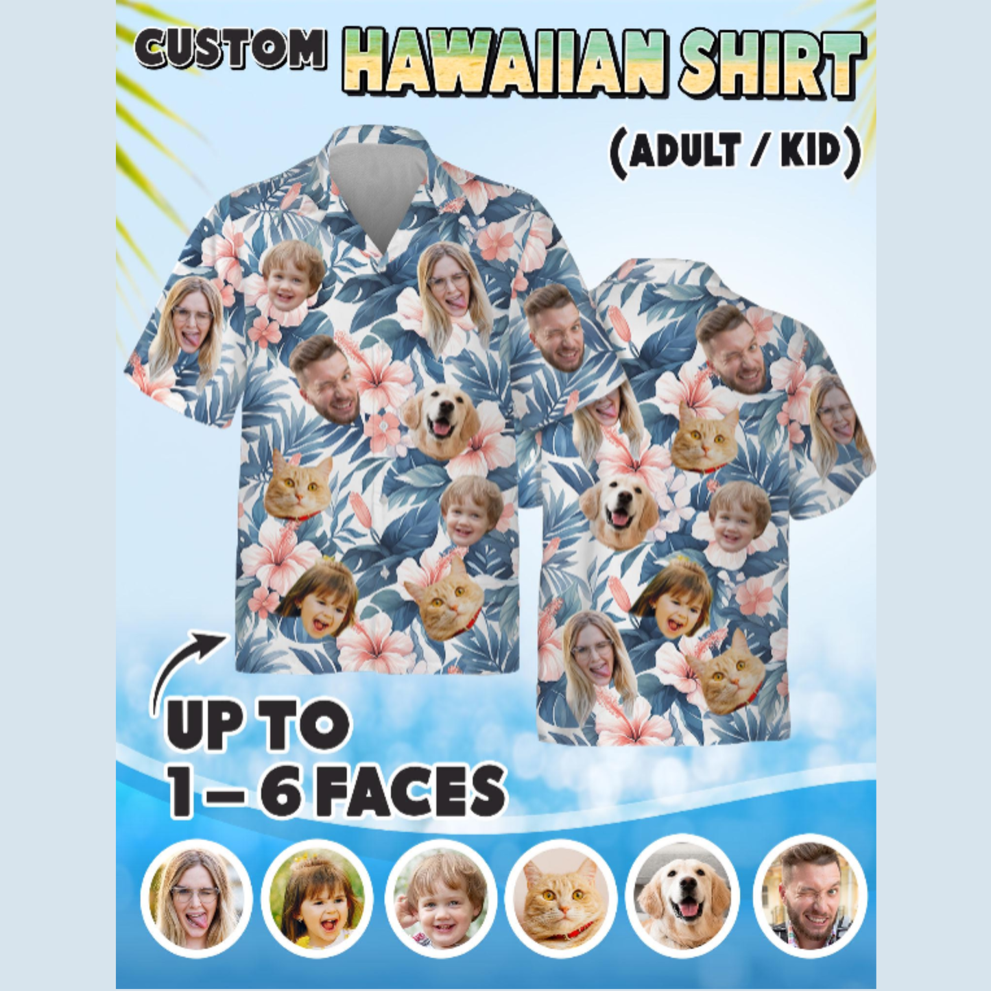 Custom Face Hawaiian Shirt, Personalized Photo Aloha Shirt, Family Matching Beach Vacation Gift
