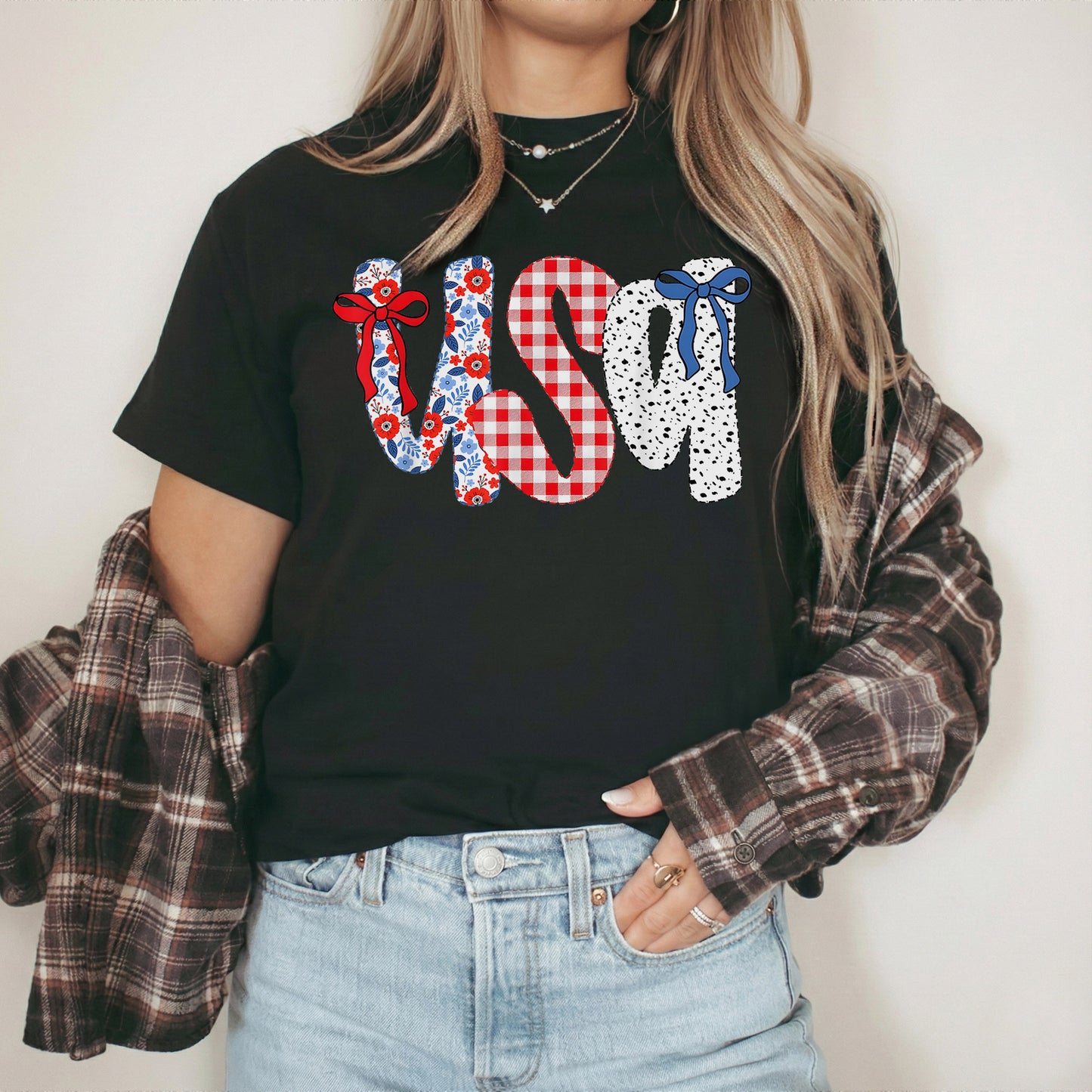 Coquette USA Floral Gingham Bows – USA Girls – Unisex Tshirt Gildan / Tshirt Comfort / V-neck/ Hoodie / Sweatshirt