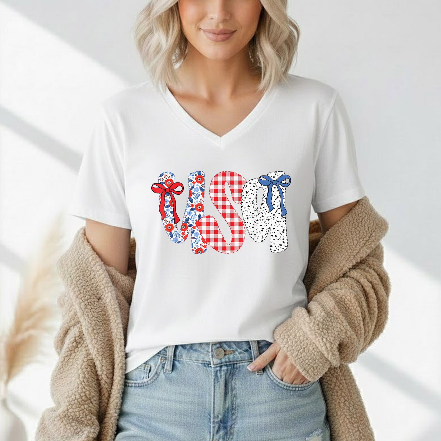 Coquette USA Floral Gingham Bows – USA Girls – Unisex Tshirt Gildan / Tshirt Comfort / V-neck/ Hoodie / Sweatshirt