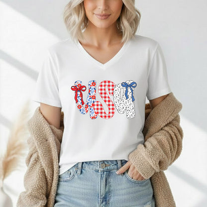 Coquette USA Floral Gingham Bows – USA Girls – Unisex Tshirt Gildan / Tshirt Comfort / V-neck/ Hoodie / Sweatshirt
