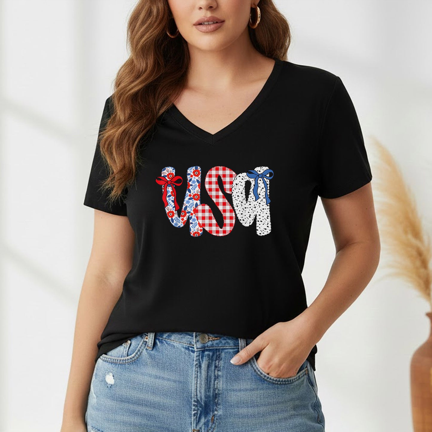 Coquette USA Floral Gingham Bows – USA Girls – Unisex Tshirt Gildan / Tshirt Comfort / V-neck/ Hoodie / Sweatshirt
