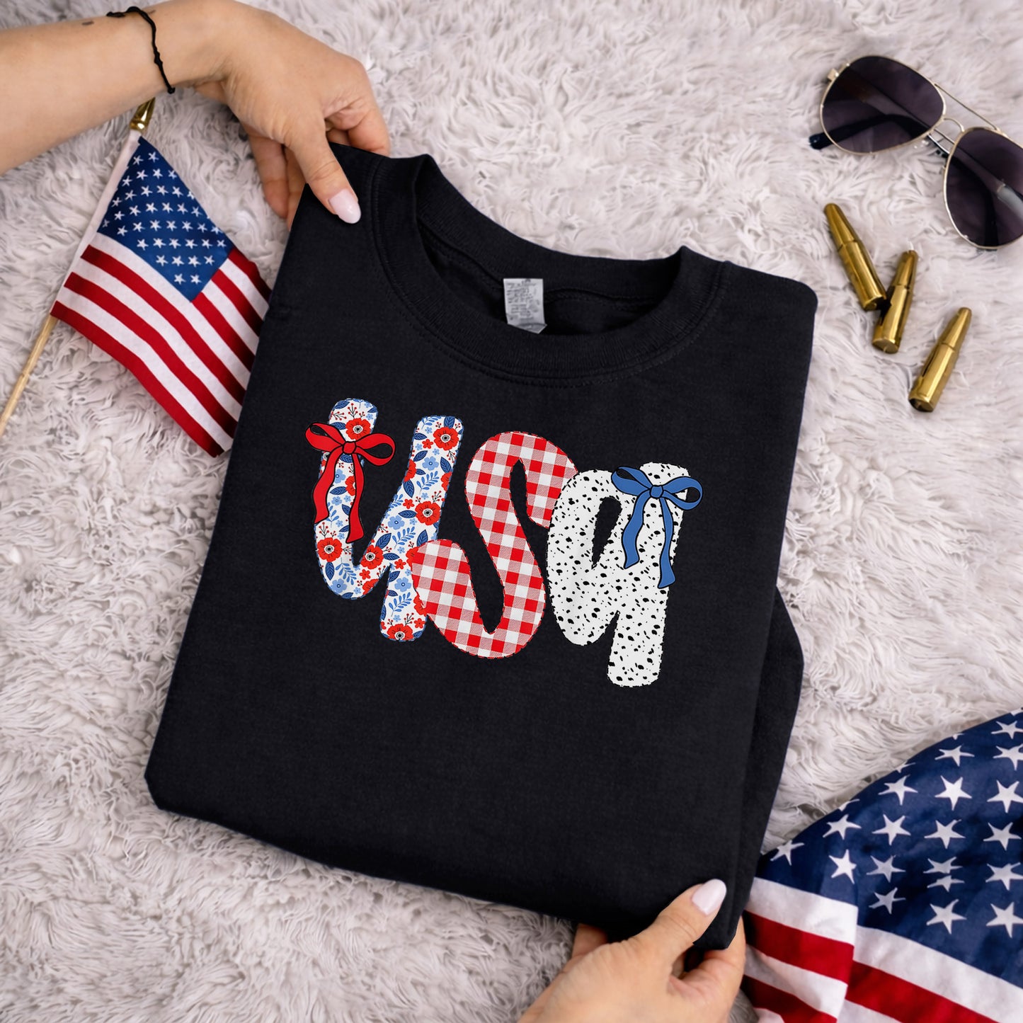Coquette USA Floral Gingham Bows – USA Girls – Unisex Tshirt Gildan / Tshirt Comfort / V-neck/ Hoodie / Sweatshirt