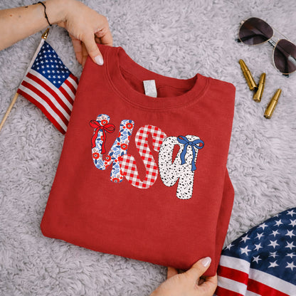 Coquette USA Floral Gingham Bows – USA Girls – Unisex Tshirt Gildan / Tshirt Comfort / V-neck/ Hoodie / Sweatshirt