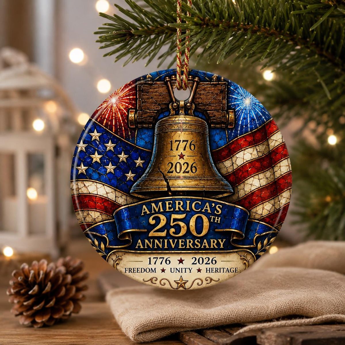 America 250th Anniversary Ornament, Liberty Bell Patriotic Flag Decor