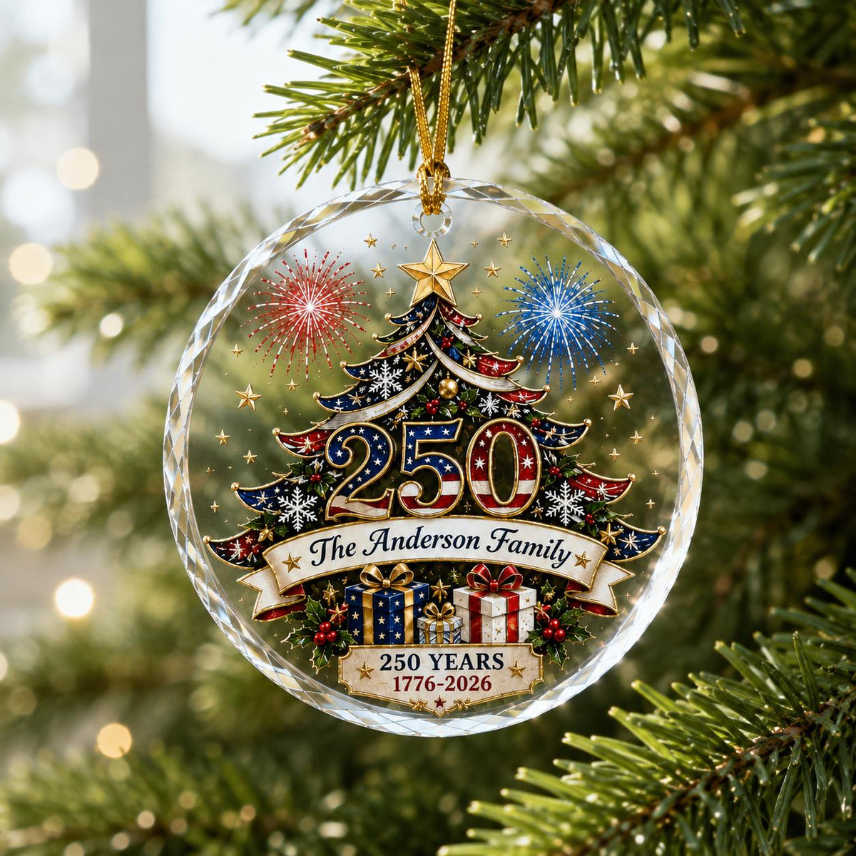 Personalized America 250th Anniversary Glass Christmas Ornament