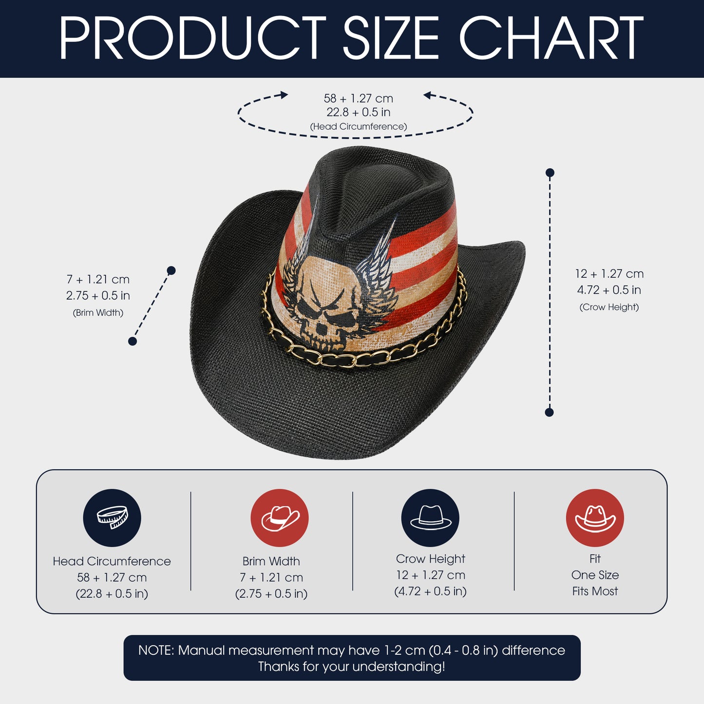 Patriotic Skull Cowboy Fedora Hat, USA Western Biker